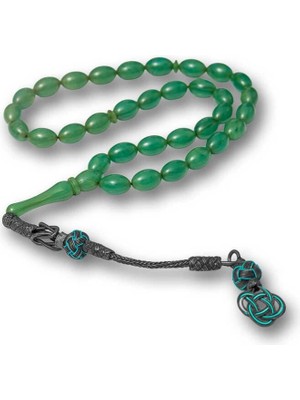 Inure Jewelry Gümüş Kazaz Püsküllü Yeşil Sıkma Kehribar Tesbih