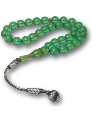 Inure Jewelry Gümüş Top Kazaz Püsküllü Yeşil Sıkma Kehribar Tesbih
