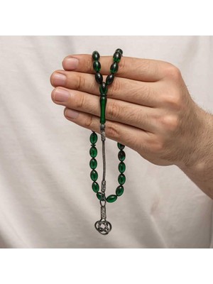 Inure Jewelry Gümüş Kazaz Püsküllü Sıkma Kehribar Tesbih