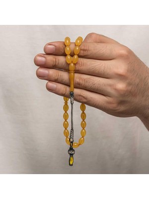 Inure Jewelry Gümüş 1000 Ayar Kazaz Püsküllü Sıkma Kehribar Tesbih