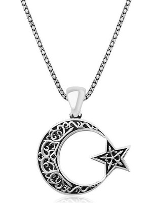 Inure Jewelry Gümüş Desenli Ay Yıldız Erkek Kolye