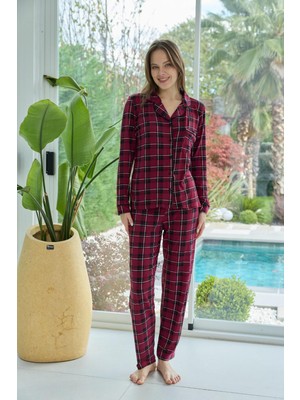 Bursa Pijama Kadın Uzun Kol Önden Düğmeli Ekose Desen Pijama Takımı