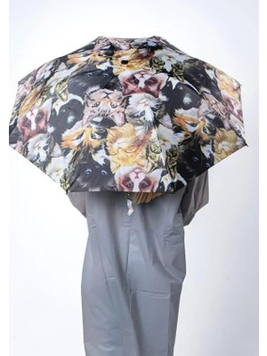 Kedi Desenli 8 Telli Manuel Rüzgara Dayanıklı Şemsiye