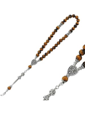 Inure Jewelry Doğaltaş Metal Püsküllü Kaplan Gözü Taşlı Tesbih
