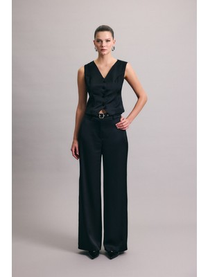 Sateen Lisa Kemer Detaylı Saten Pantolon - Siyah