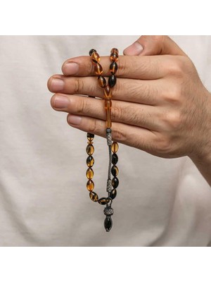 Inure Jewelry Gümüş 1000 Ayar Kazaz Püsküllü Sıkma Kehribar Tesbih