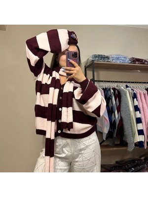 Bordo Çizgili Atkılı Kadın  Triko Hırka