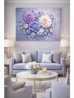 Artease Soğuk Tonlar İçinde Zarif Çiçekler Kanvas Tablo