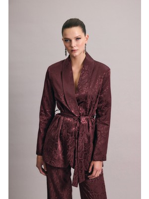 Sateen Yılan Desenli Uzun Ceket - Bordo