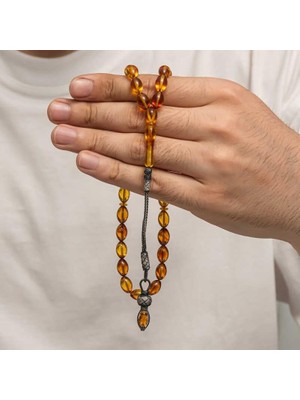 Inure Jewelry Gümüş 1000 Ayar Kazaz Püsküllü Sıkma Kehribar Tesbih