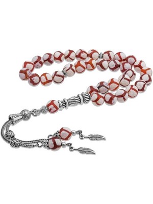 Inure Jewelry Doğaltaş Metal Püsküllü Çizgili Akik Taşı Tesbih