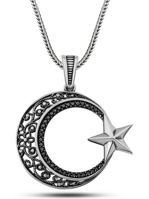 Inure Jewelry Gümüş Zirkon Taşlı Desenli Ay Yıldız Erkek Kolye