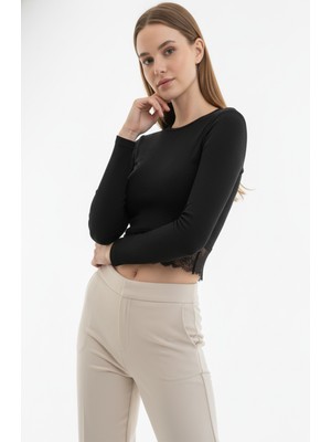 Zuzudan Kaşkorse Dantelli Crop Bluz - Siyah