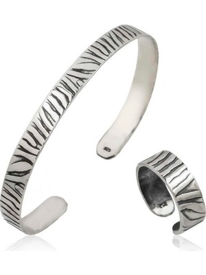 Inure Jewelry Gümüş Zebra Desenli Bileklik ve Yüzük Set