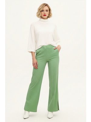 Zuzudan Mint Yeşili Krep Kumaş Yüksek Bel Bol Paça Kadın Pantolon