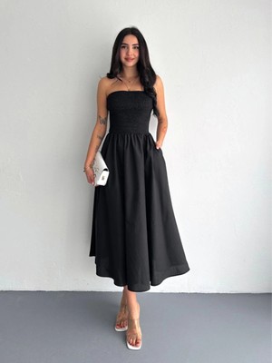 Glam Love Straplez Pileli Elbise - Siyah