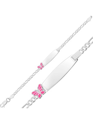 Inure Jewelry Kişiye Özel Pembe Kelebek Figürlü Gümüş Çocuk Künyesi