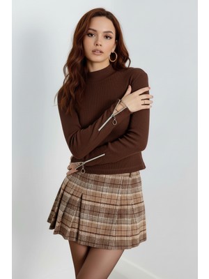 Zuzudan Kaşkorse Kol Fermuarlı Balıkçı Yaka Bluz - Kahverengi