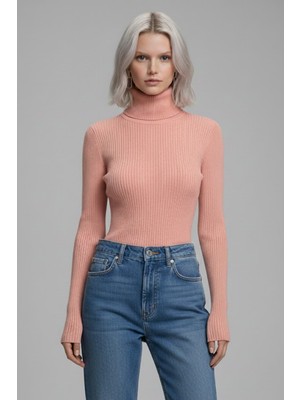 Zuzudan Kadın Pudra Pembe Tam Boğazlı Fitilli Triko Kazak - Yumuşak Dokulu Kışlık Slim Fit Örme Bluz