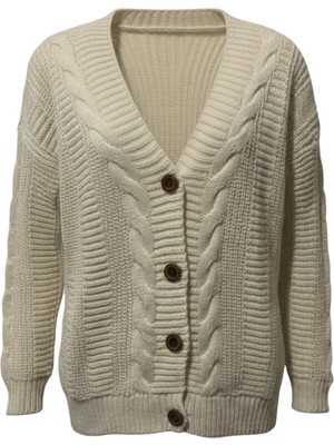 Zuzudan Kadın Krem Düğmeli Kısa Triko Hırka – Burgulu Örgü Desenli