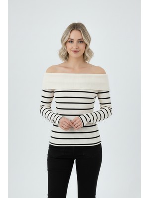 Zuzudan Kadın Çizgili Madonna Yaka Kaşkorse Beyaz Kazak