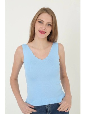 Glam Love Kadın V Yaka Fırfır Detay Crop - Mavi