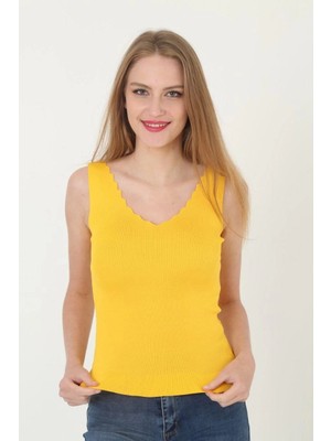Glam Love Kadın V Yaka Fırfır Detay Crop - Sarı