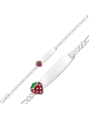 Inure Jewelry Kişiye Özel Kırmızı Çilek Figürlü Gümüş Çocuk Künyesi