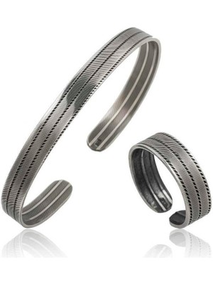 Inure Jewelry Gümüş Çizgi Desenli Bileklik ve Yüzük Set