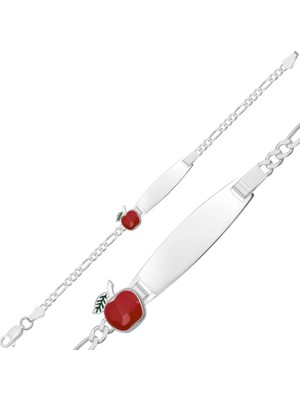 Inure Jewelry Kişiye Özel Kırmızı Elma Figürlü Gümüş Çocuk Künyesi