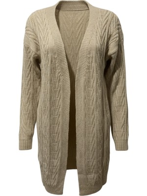 Zuzudan Kadın Krem Uzun Oversize Örgü Hırka – Chevron Desenli Triko