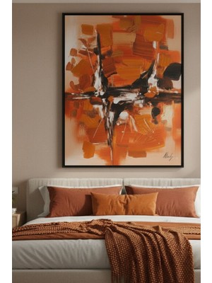 Safir Design Lüks Turuncu ve Siyah Soyut Fırça Darbesi Duvar Sanatı | Modern Çerçeveli Tablo