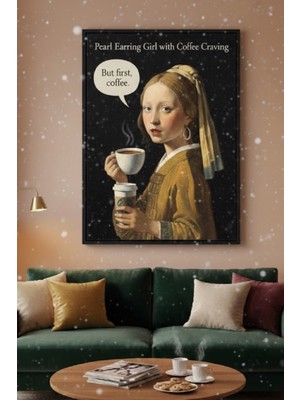 Safir Design Inci Küpeli Kız ve Kahve Duvar Sanatı | Modern Siyah Çerçeveli Tablo