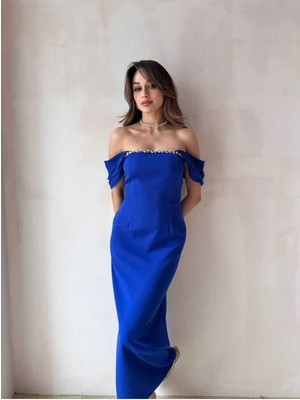 Moda Durağı Inci Detaylı Midi Abiye Mezuniyet Elbisesi Lacivert