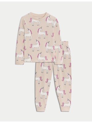 Marks & Spencer Saf Pamuklu Unicorn Desenli Pijama Takımı