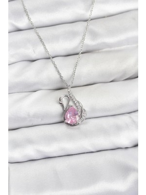 Shopwave 316L Çelik Zincir Gümüş Renk Pembe Kuğu Model Zirkon Taşlı Kadın Kolye - TJ-BKO10866
