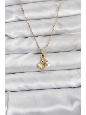 Shopwave 316L Çelik Zincir Gold Renk Deniz Kabuğu ve Deniz Yıldızı Model Zirkon Taşlı Kadın Kolye - TJ-BKO10841