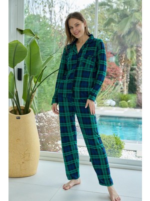 Bursa Pijama Kadın Uzun Kol Önden Düğmeli Ekose Desen Pijama Takımı