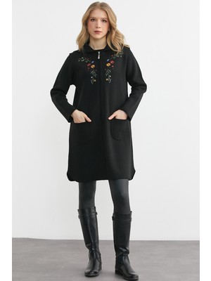 Sementa Nakış Desenli Kapüşonlu Kadın Triko Ceket - Siyah