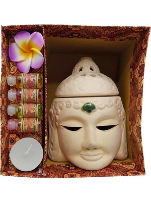 Dünyadan Hediyeler Seramik Buda Büstü Buhurdanlık ve Dörtlü Yağ Seti