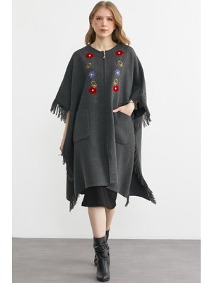 Sementa Çiçek Nakışlı Yünlü Triko Panço - Koyu Gri