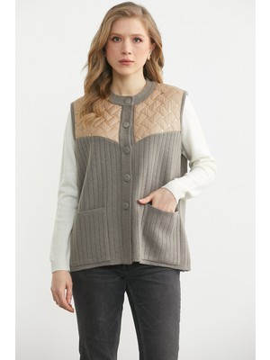 Sementa Sıfır Yaka Kapitoneli Düğmeli Triko Yelek - Vizon