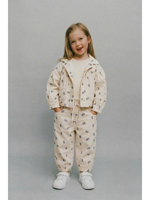 Magu Kız Çocuk Pamuklu Bej Desenli Ceket, T-Shirt ve Pantolon Takım