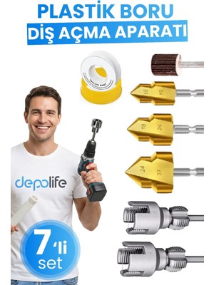 Depolife 7'li Pprc Pvc Plastik Su Borusu Diş Açma Havşa Pah Açma Aparatı Zımpara Tesisatçı Kılavuz Seti