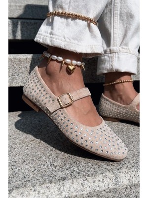 I Love Shoes Orion Kadın Babet Bej Süet Taş Detaylı