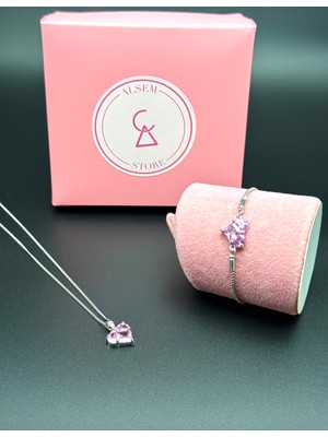 Alsem 925 Ayar Gümüş Kaplama Kalp Kesim Zirkon Taşlı Kolye ve Bileklik Seti , Sevgililer Günü Hediyesi