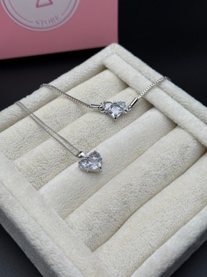 Alsem 925 Ayar Gümüş Kaplama Kalp Kesim Zirkon Taşlı Kolye ve Bileklik Seti , Sevgililer Günü Hediyesi