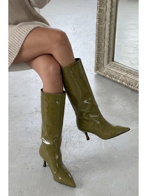 I Love Shoes Remni Kadın Topuklu Çizme Yeşil Kırışık Rugan