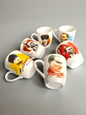 Artistic Quality Dekoratif Mustafa Kemal Atatürk Baskılı 6 Adet Porselen Kupa - Mug - Kahve Fincanı