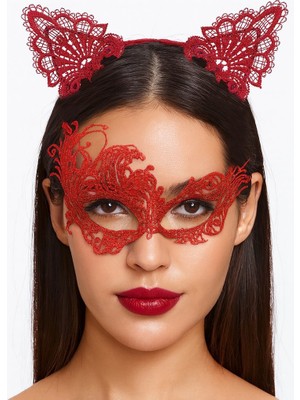 Marsilyan Gizeemli Kırmızı Dantel Maske ve Taç Seti 1 No - Kostüm Seti